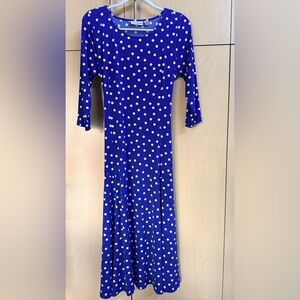 NINA LEONARD 3/4 Sleeve Blue and White Polka Dot Belted Dress
